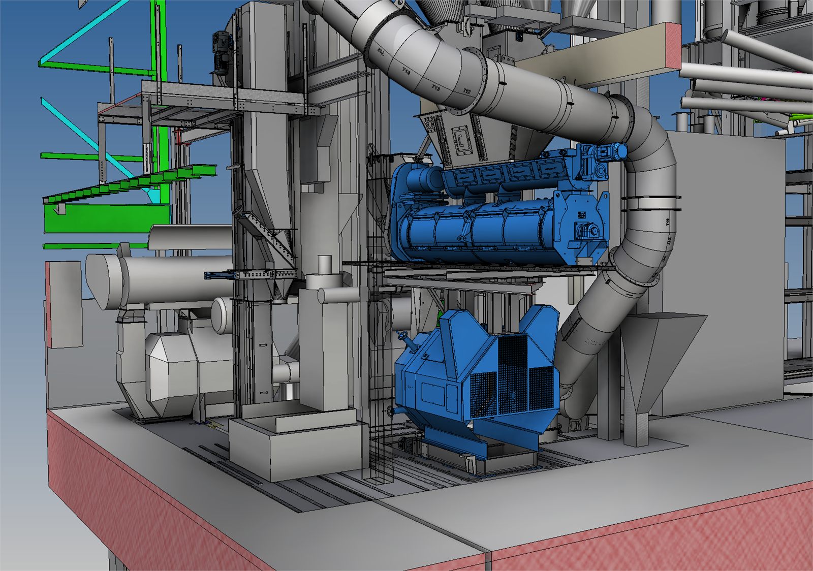 Maquette 3D d'implantation : conditionneur et presse à granuler intégrés dans l'existant